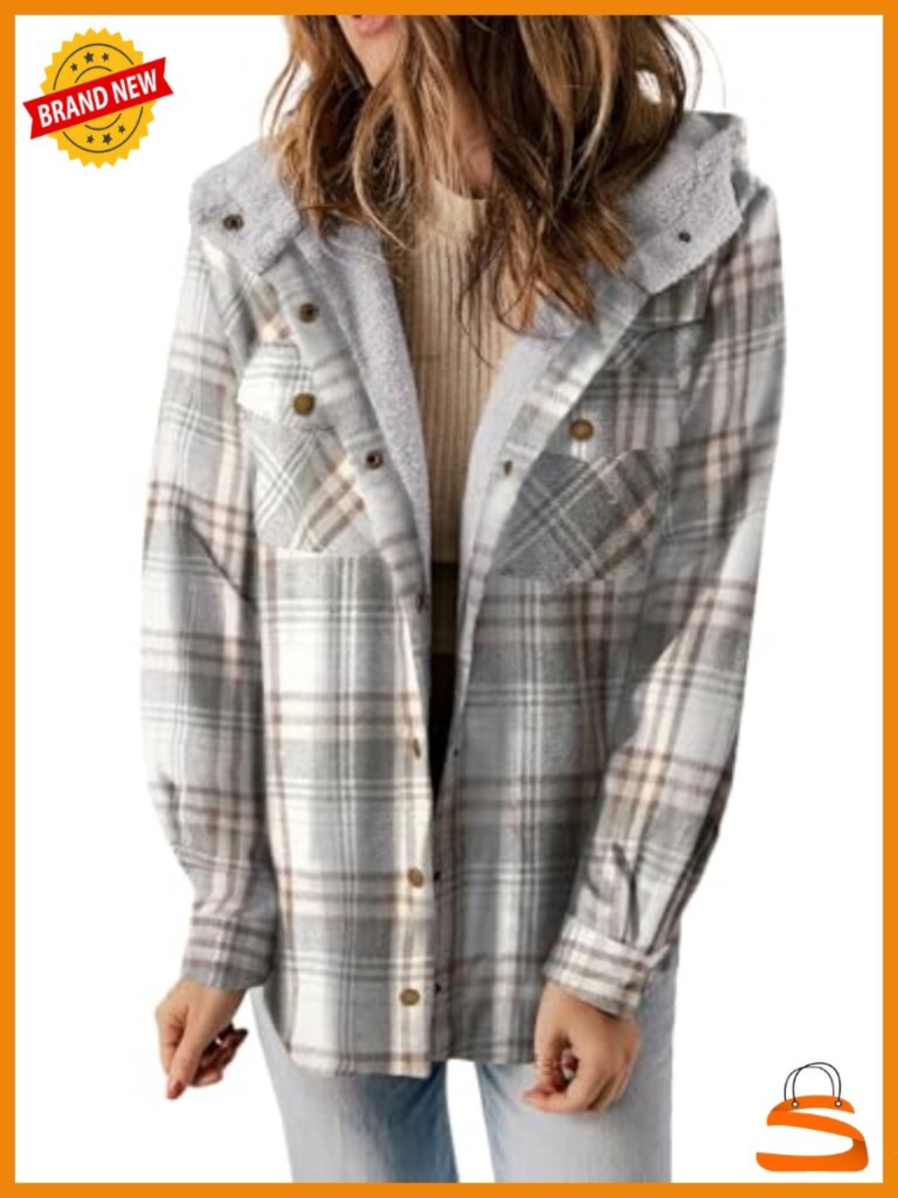 Plaid Shacket Fleece Lined Hooded Button Front Long Sleeve Loose Fit Winter Coat